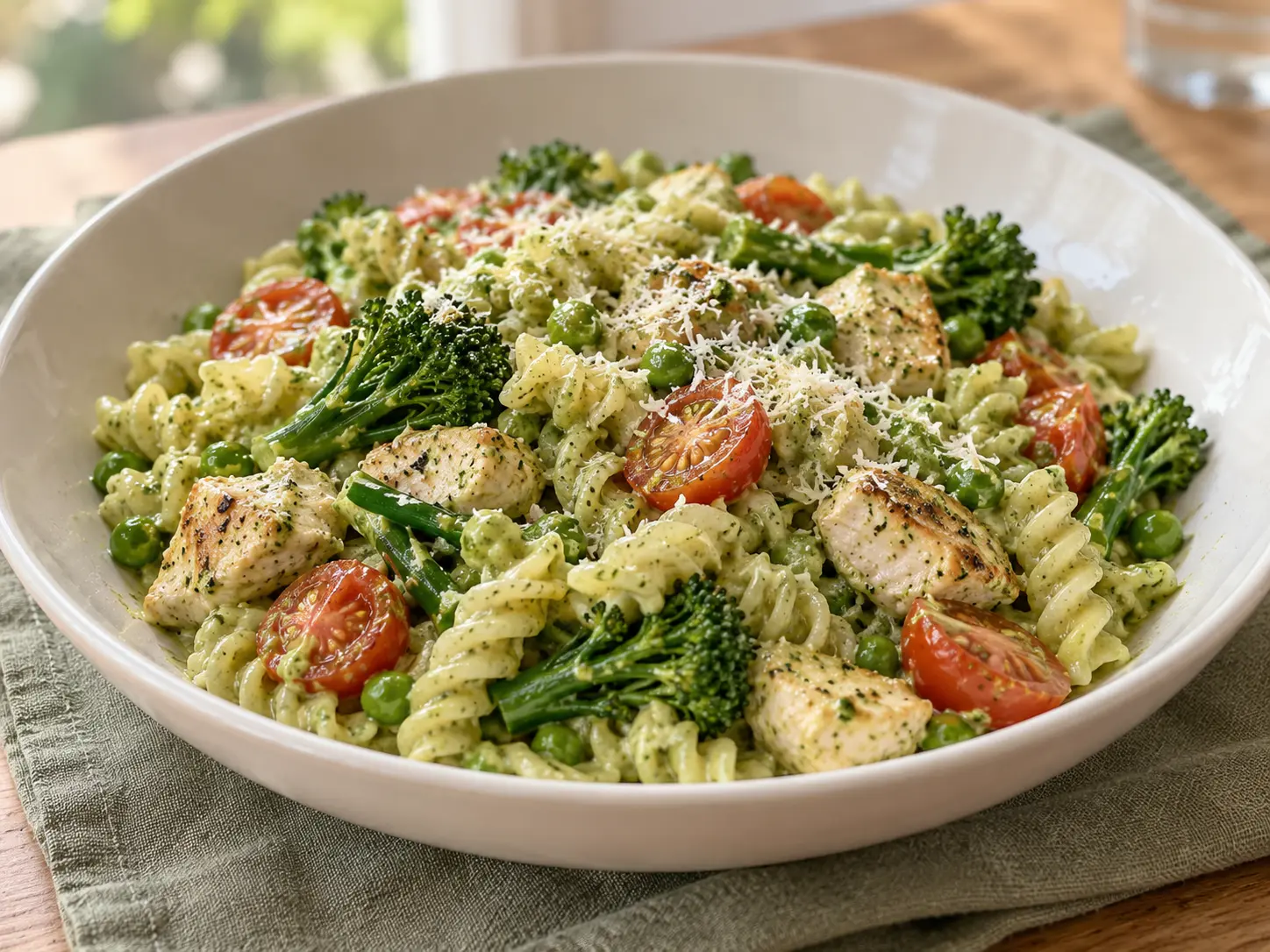 Pesto Chicken Pasta with Broccoli, Peas and Cherry Tomatoes