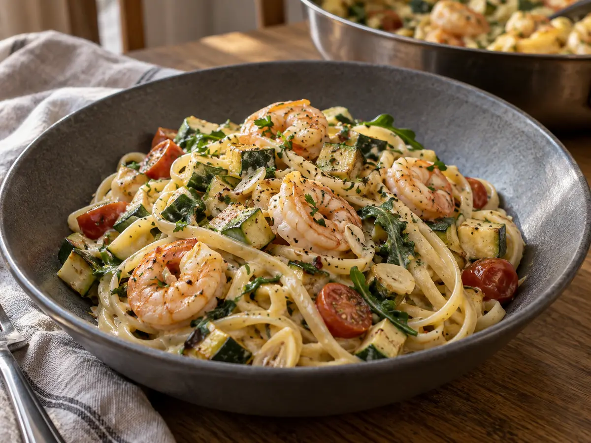 Garlic Prawn Linguine with Courgette, Rocket and Creamy Lemon Sauce