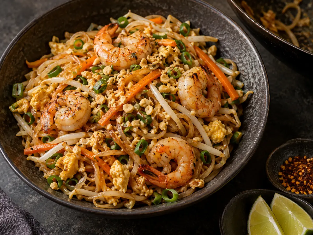Prawn Pad Thai with noodles, beansprouts, egg and peanuts.