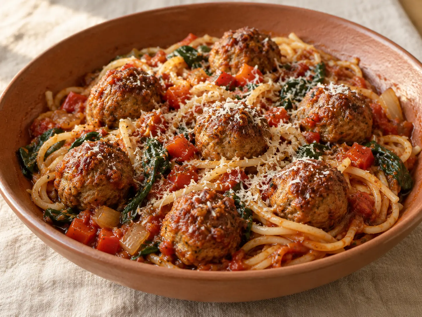 Red Pesto Meatballs with spaghetti and roasted peppers.