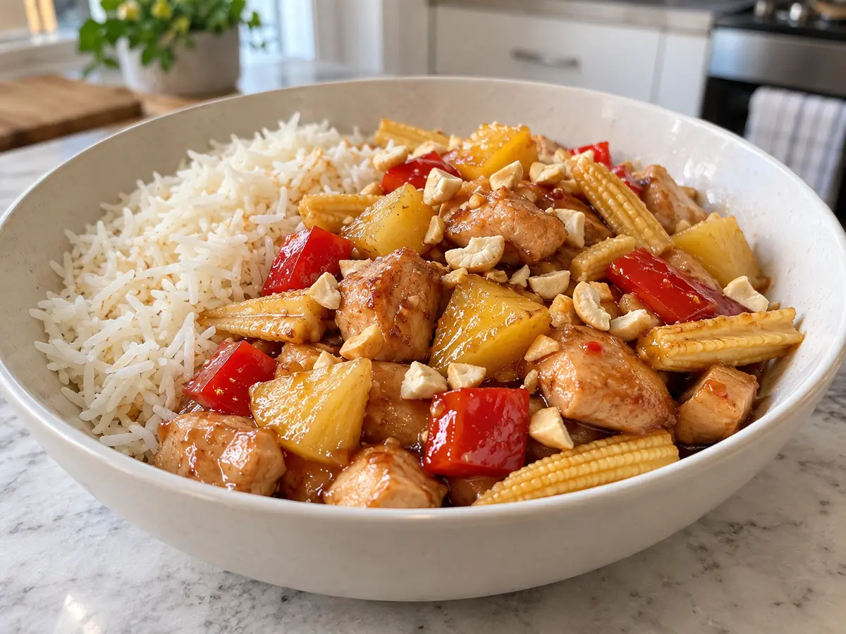 Pineapple Cashew Chicken Rice with Baby Corn and Sweet Pepper