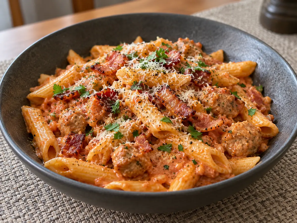 Creamy Sausage and Bacon Tomato Pasta with Parmesan and Flat-Leaf Parsley
