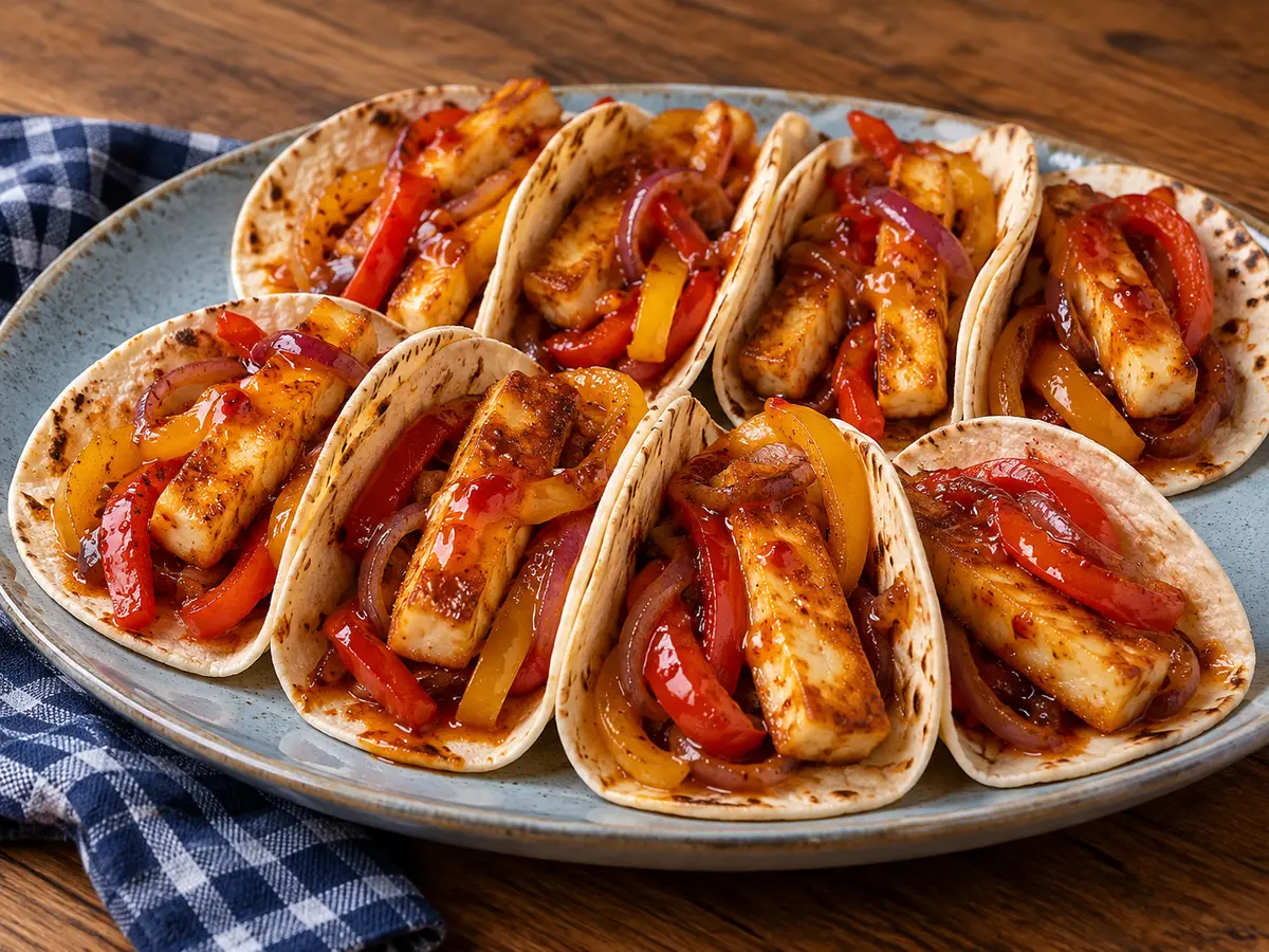 Sticky Paprika Halloumi Tacos with Sweet Peppers and Red Onion