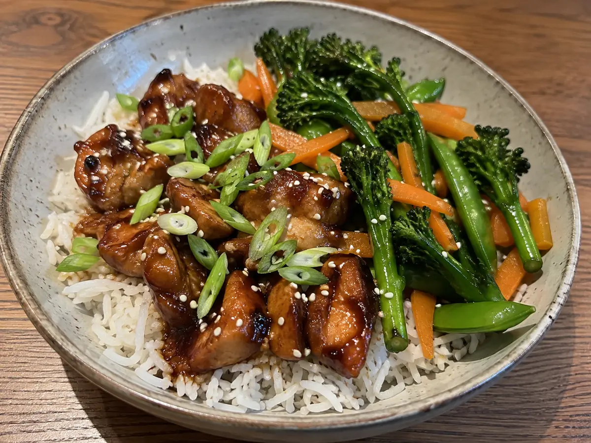 Teriyaki Chicken with Rice and Stir-Fried Greens