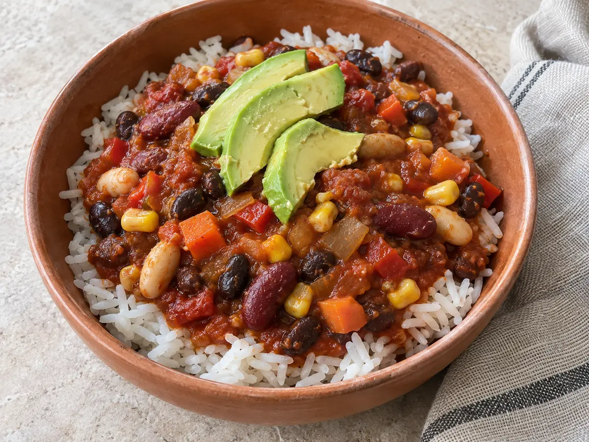 Three Bean Chilli with Rice and Avocado
