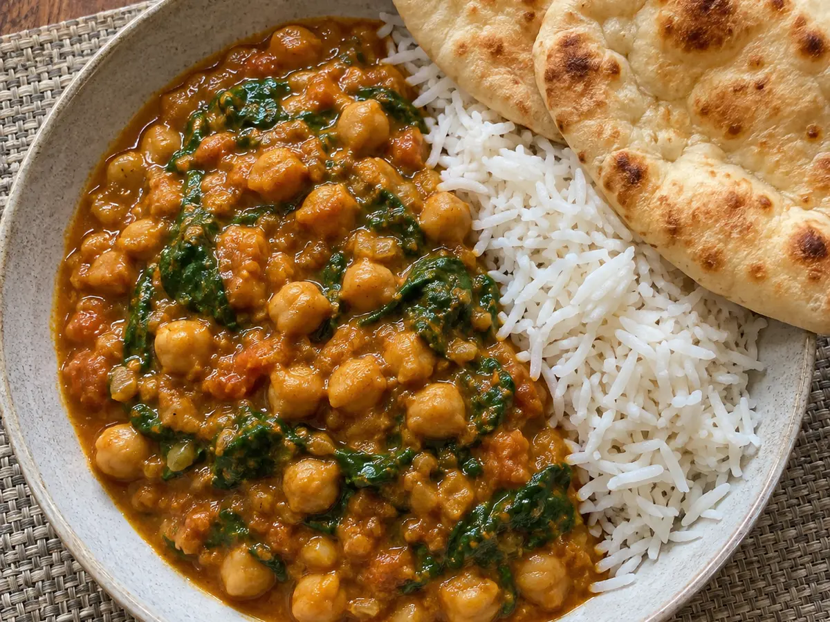 Chickpea and Spinach Curry with Rice and Naan