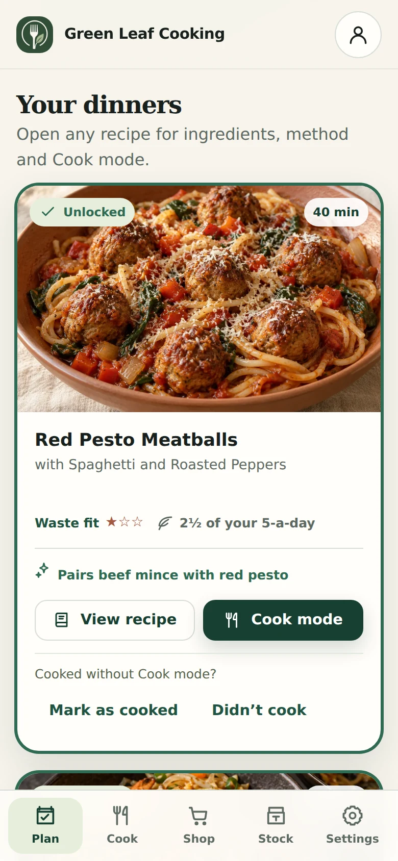 The Green Leaf Cooking plan showing an example household’s chosen dinners.