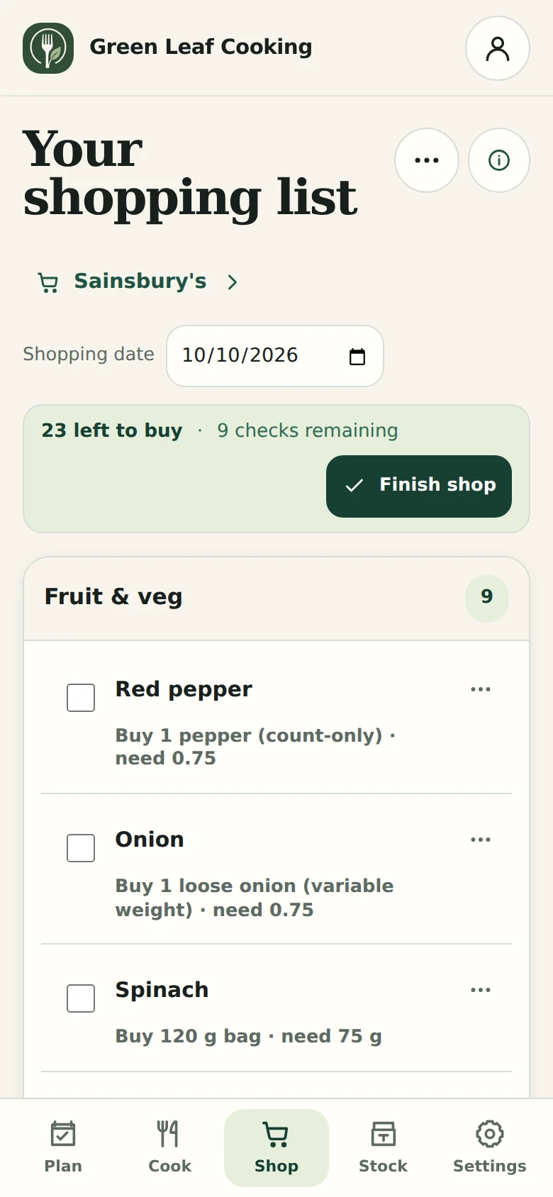 The shopping list showing ingredient quantities and the packs to buy.