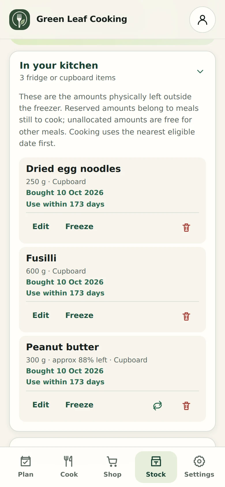 An expanded kitchen Stock list with example ingredients and amounts remaining.